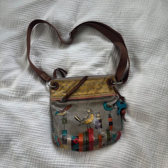 Fossil Handbags - Fossil Key-Per Bird Print Coated Canvas Crossbody Bag Gray Yellow Multi